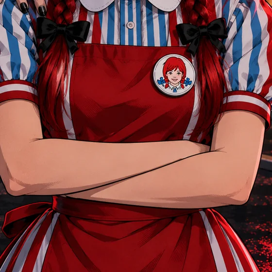 her arms crossed tight over a red apron with black bows on both braids, the universal sign for no