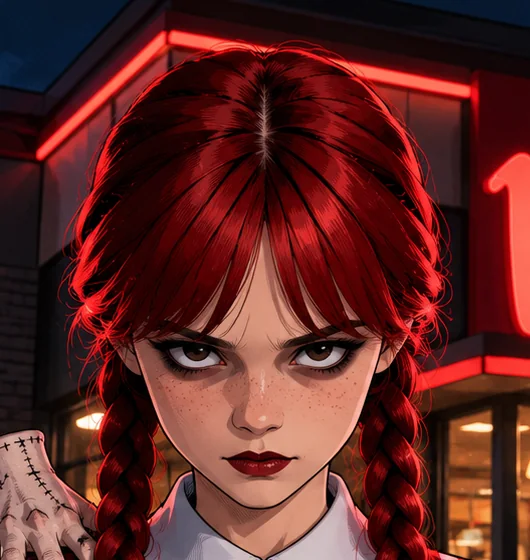 her face up close: heavy black eyeliner, dark red lipstick and a stare that has ended several orders early