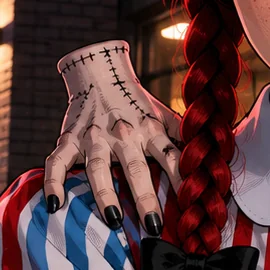 a pale stitched hand with black nails resting on her striped shoulder like it pays rent there